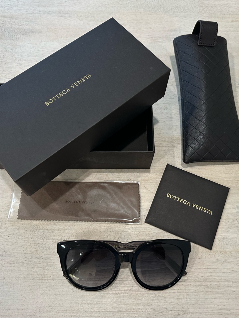 Bottega Veneta Black Round Sunglasses with Branded Case & Box